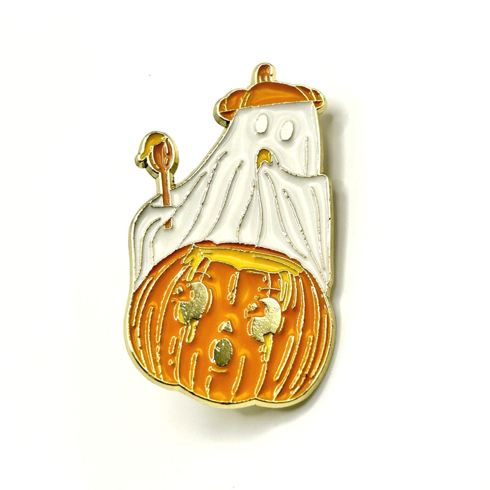 Ghost Pumpkin Enamel Pin Unisex OS Orange White Halloween Spooky Lapel Hat Badge